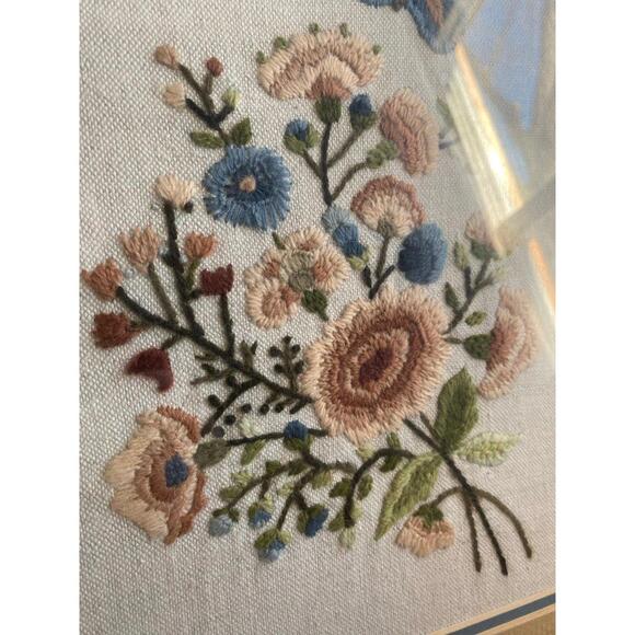 Framed Vintage Embroidered Floral Artwork – Flowers & Butterfly - Picture 2 of 4